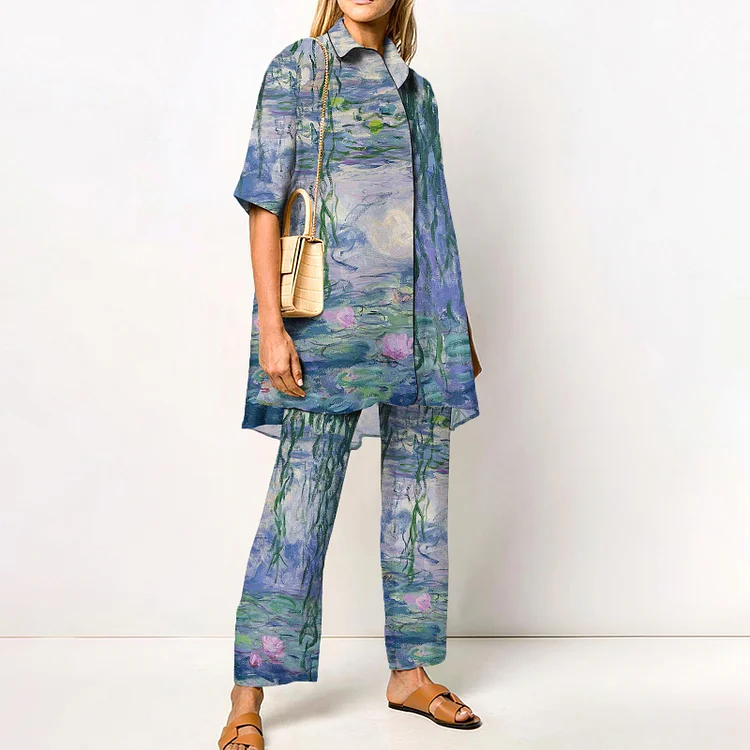 Lotus Painting Art Shirt Two Piece Set