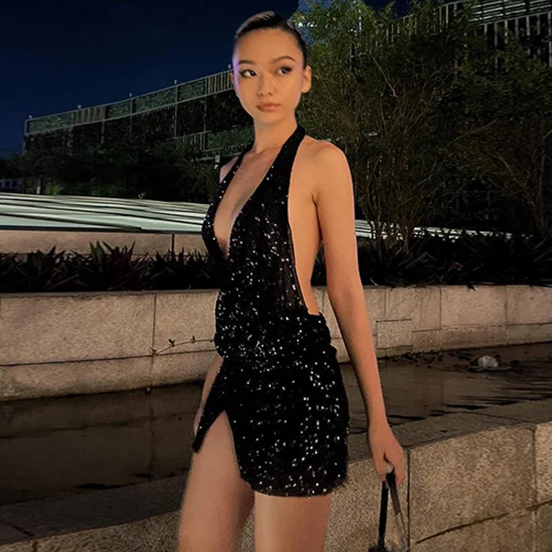 2023 Shine Sequined Halter Sleeveless Backless Slit  Bodycon Mini Prom Dress Fall Women New Evening Party Club