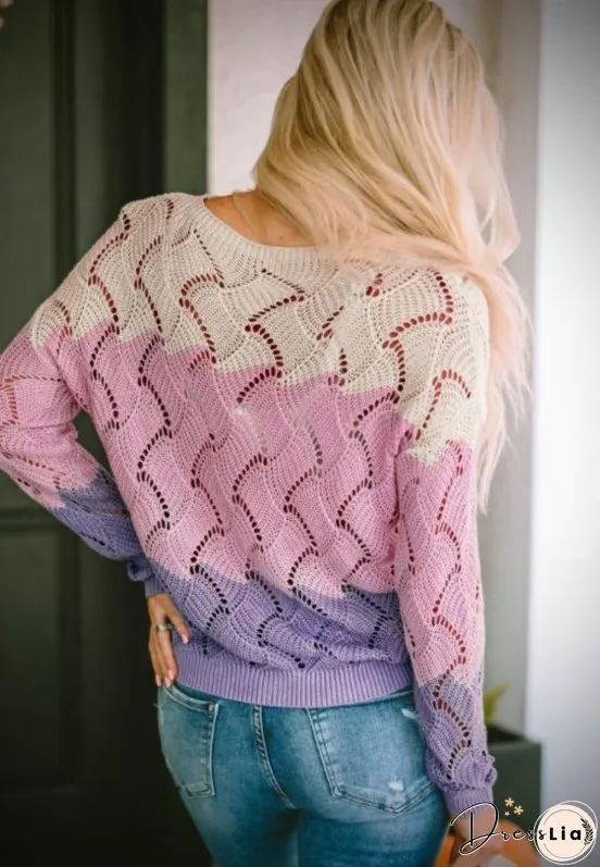 Color Block Hollow Boat Neck Sweater