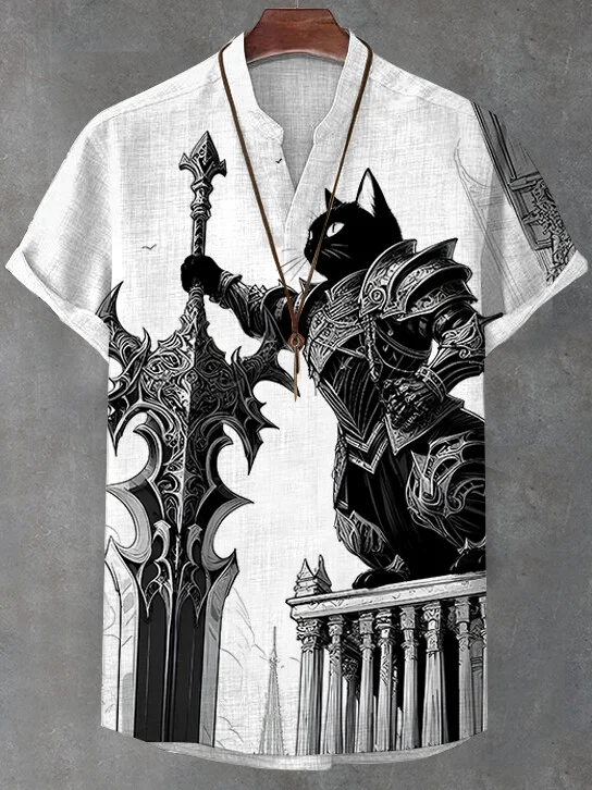 Men's Retro Cat Warrior Art Print Half Button Shirt