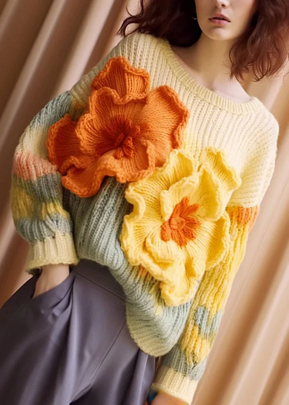 Unique Apricot Floral Patchwork Cozy Cotton Knit Sweaters Long Sleeve