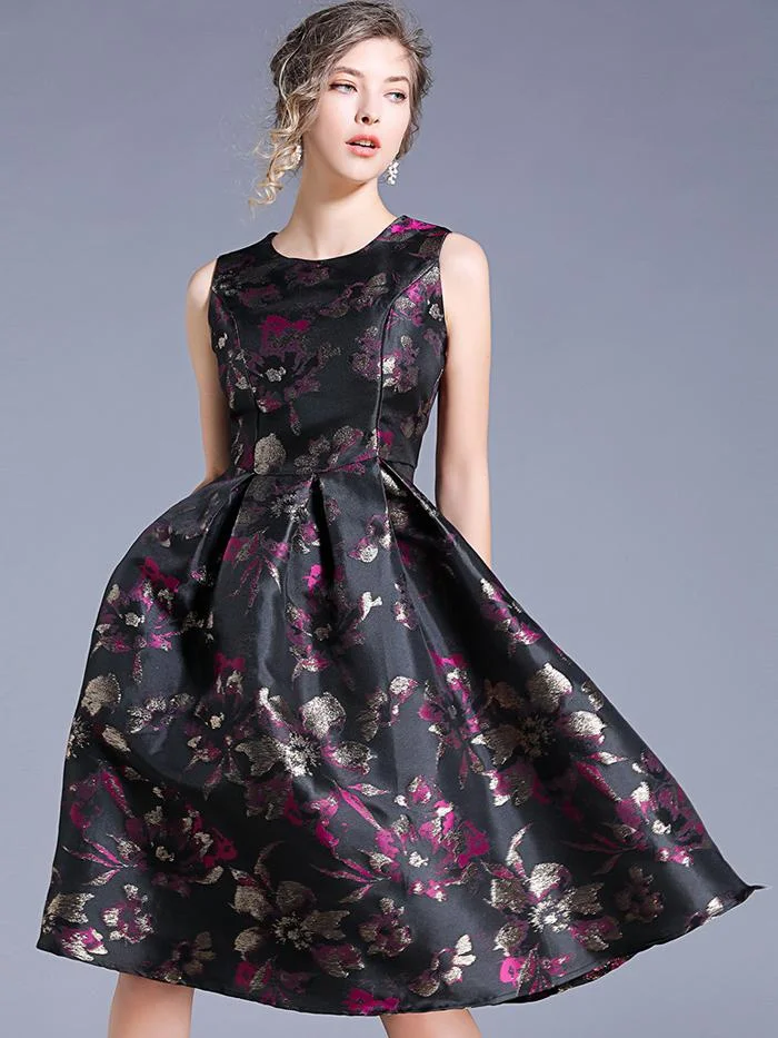 Temperament waist-waisted color sleeveless vest jacquard dress