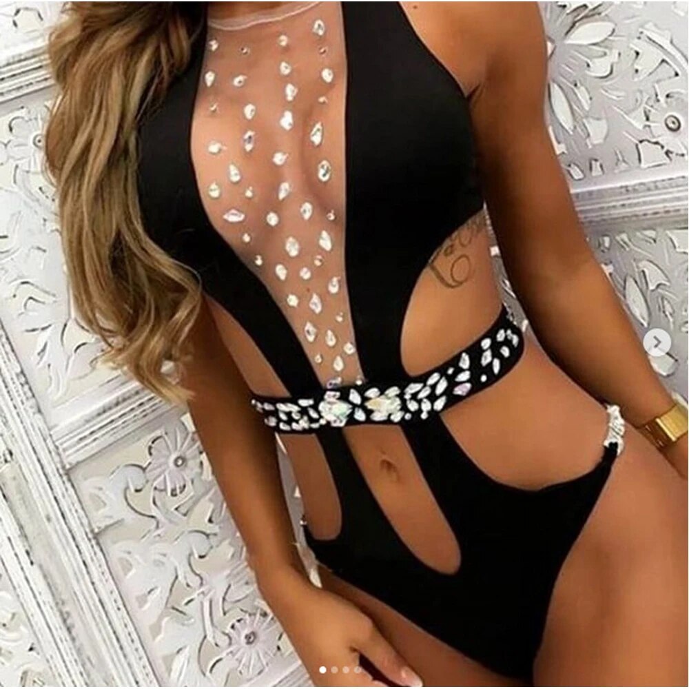 New Women Sexy Swimsuit Shiny Swimwear With Rhinestone Belt Chest Diamond-Studded Bikinis Halter Hollow Summer Bather S-XL