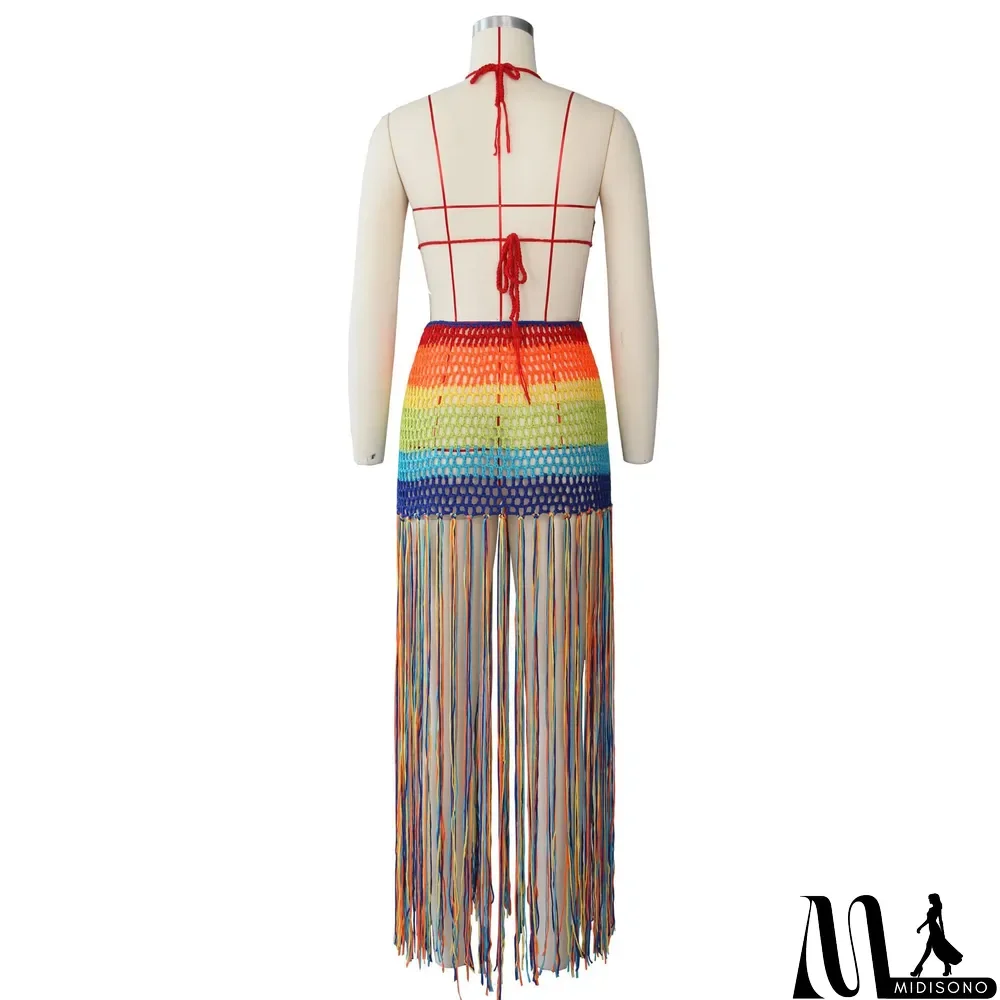MidiSono - Sexy Crochet Tassel Cutout Skirt Two Piece Set