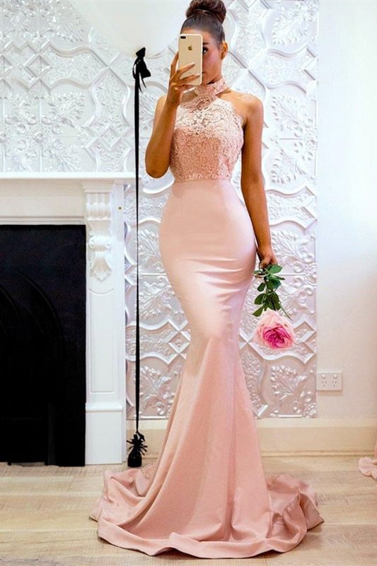 Luluslly High Neck Lace Prom Dress Mermaid Backless
