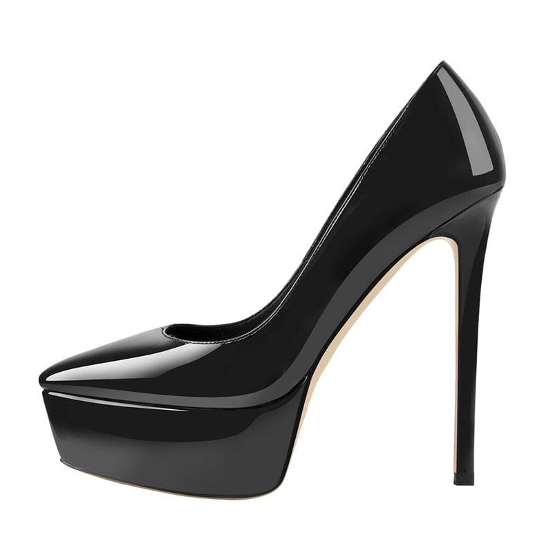 Onlymaker Concise Slip On Shoes Women Pointed Toe Platform Pumps Thin High Heels Patent Leather Matte Black Big Size Elegant