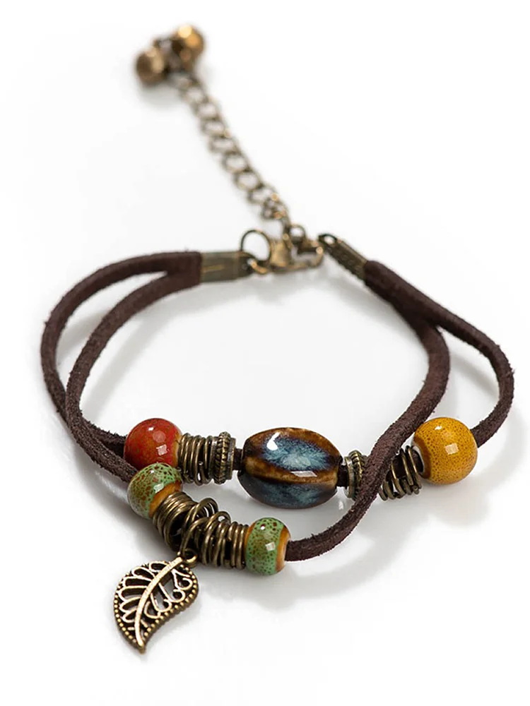 Simple Cowhide Rope Ceramic Kiln-changed Bead Bracelet Bohemian Couple Jewelry