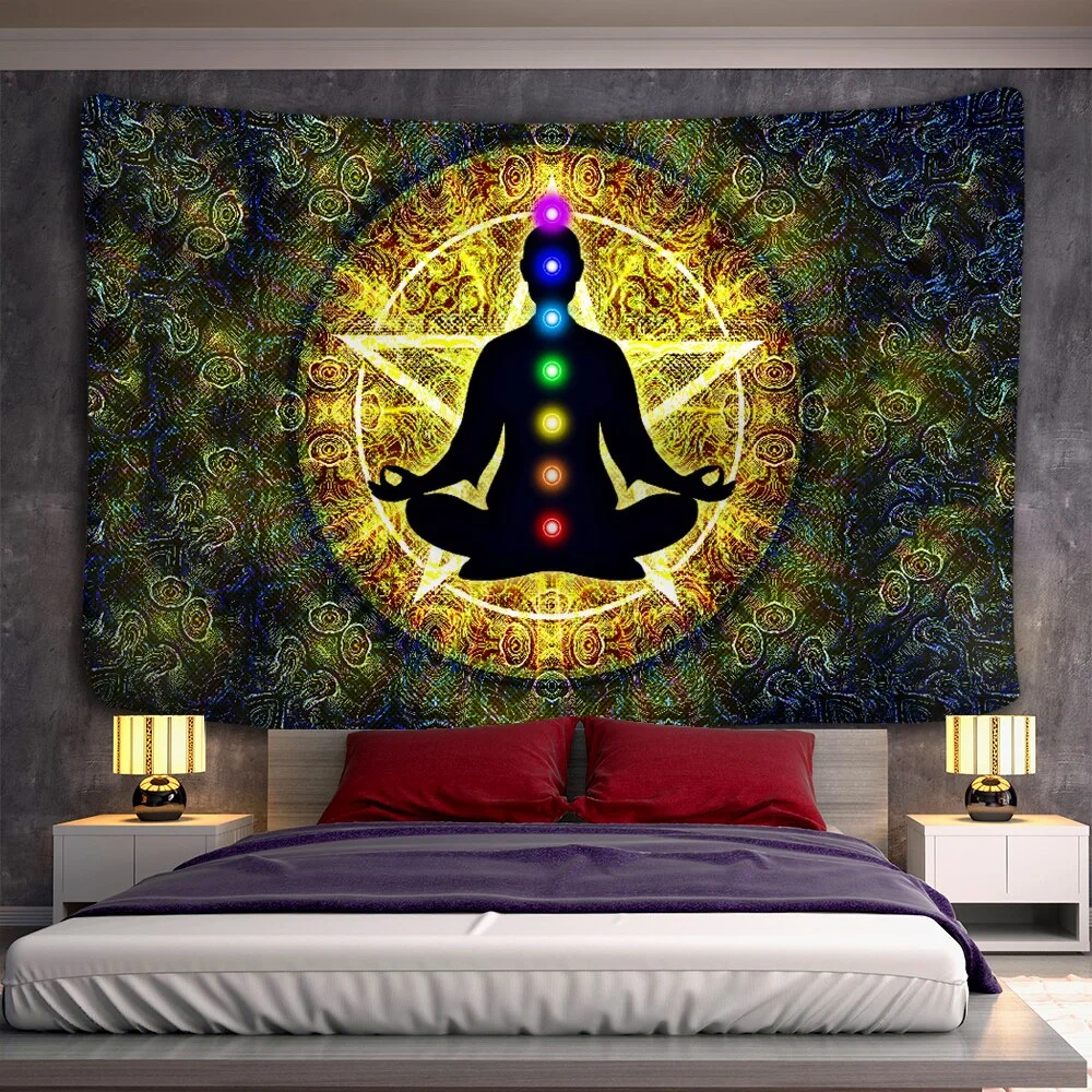 Indian Buddha Statue Meditation 7 Chakra Tapestry Wall Hanging Mandala Tapestries Wall Cloth Psychedelic Yoga Carpet Boho Decor