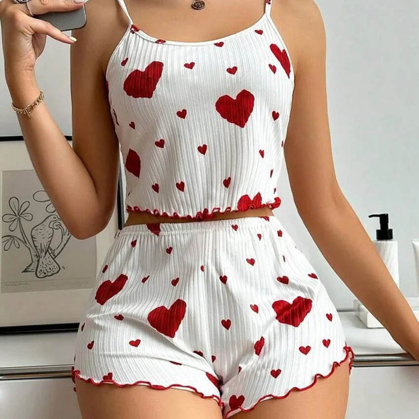 Brownm Summer New 2024 Knitted Pit Strip Love Print Design Sweet Sling Shorts Pure Pyjamas Woman
