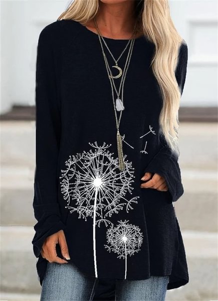 Plus Size XS-8XL Women Fashion Clothes Flower Printed Casual Round Neck Long Sleeve Loose Cotton T-shirts Pullover Tunic - Life is Beautiful for You - SheChoic