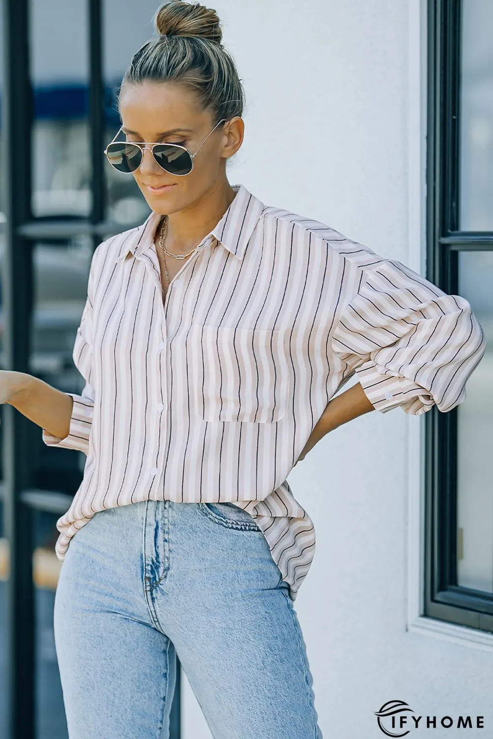 Khaki Striped Buttons Closure Long Sleeve Shirt | IFYHOME