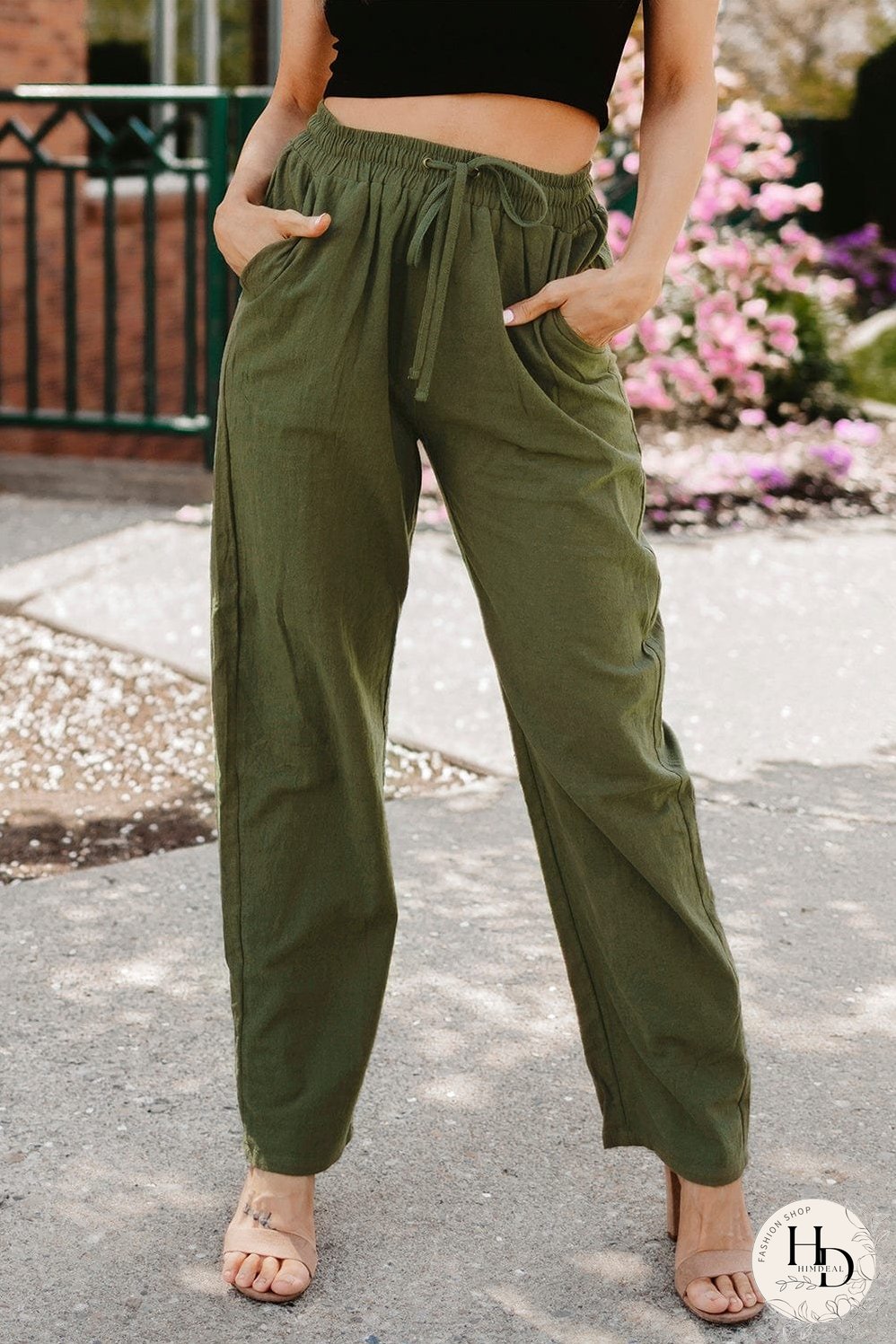 Women's Elastic Waist Linen Pants with Pockets