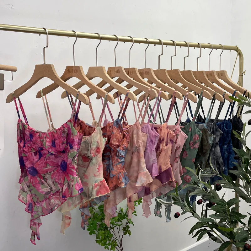 Nigikala Nigikala Shoot 辣tie Bra Irregular Sling Sling Vest Slimming Print Mesh Sleeveless Top 8950