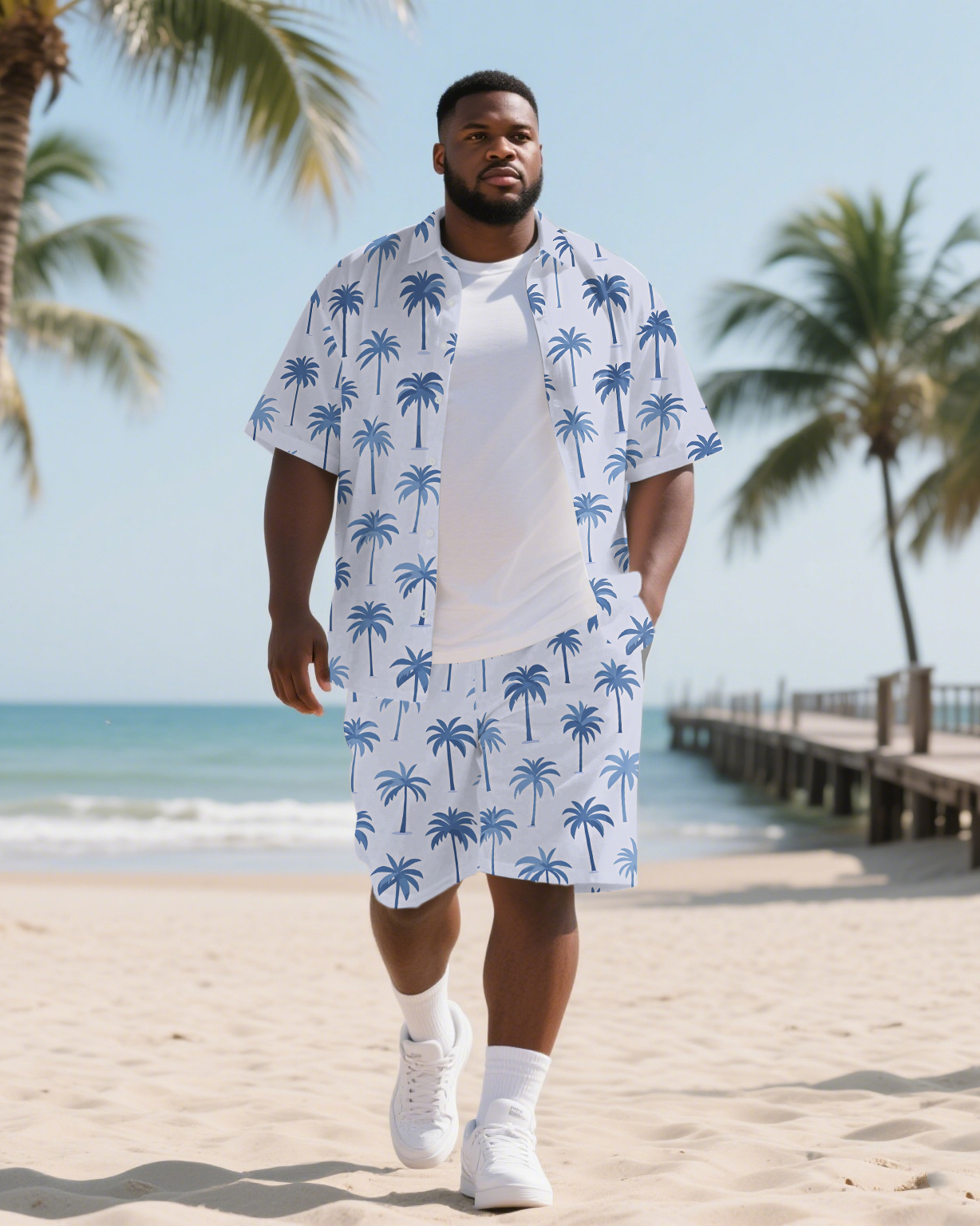 Big Men's Simple Coconut Trees Hawaiian Theme 2-Piece Casual Short Sleeve Shirt Shorts Suits
