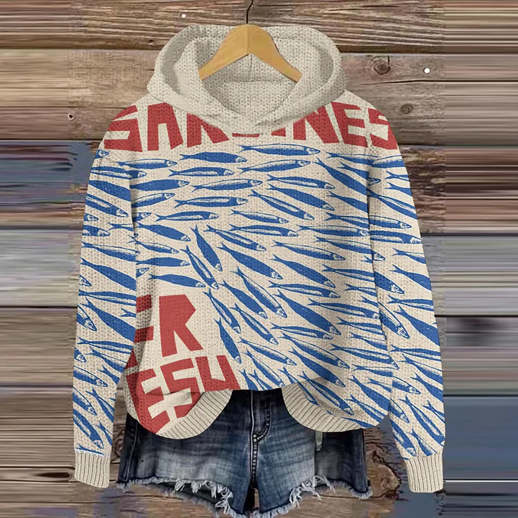 Abstract Vintage Fish Sardines Art Cozy Knit Hooded Sweater