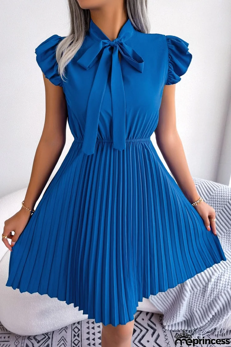 Tie Neck Butterfly Sleeve Pleated Dress