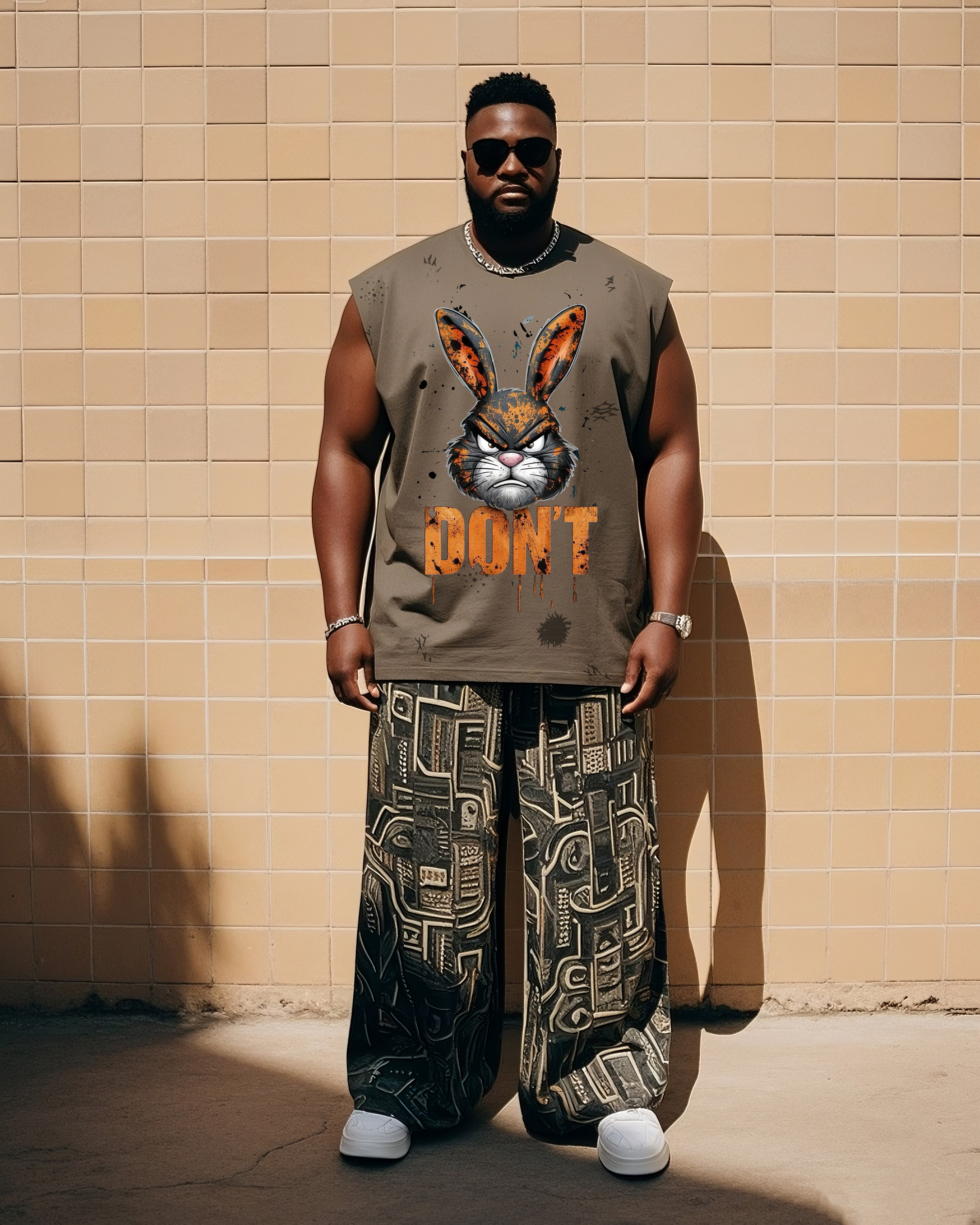 Big Boy Cartoon Rabbit Distressed Printed Vest Trousers Suit