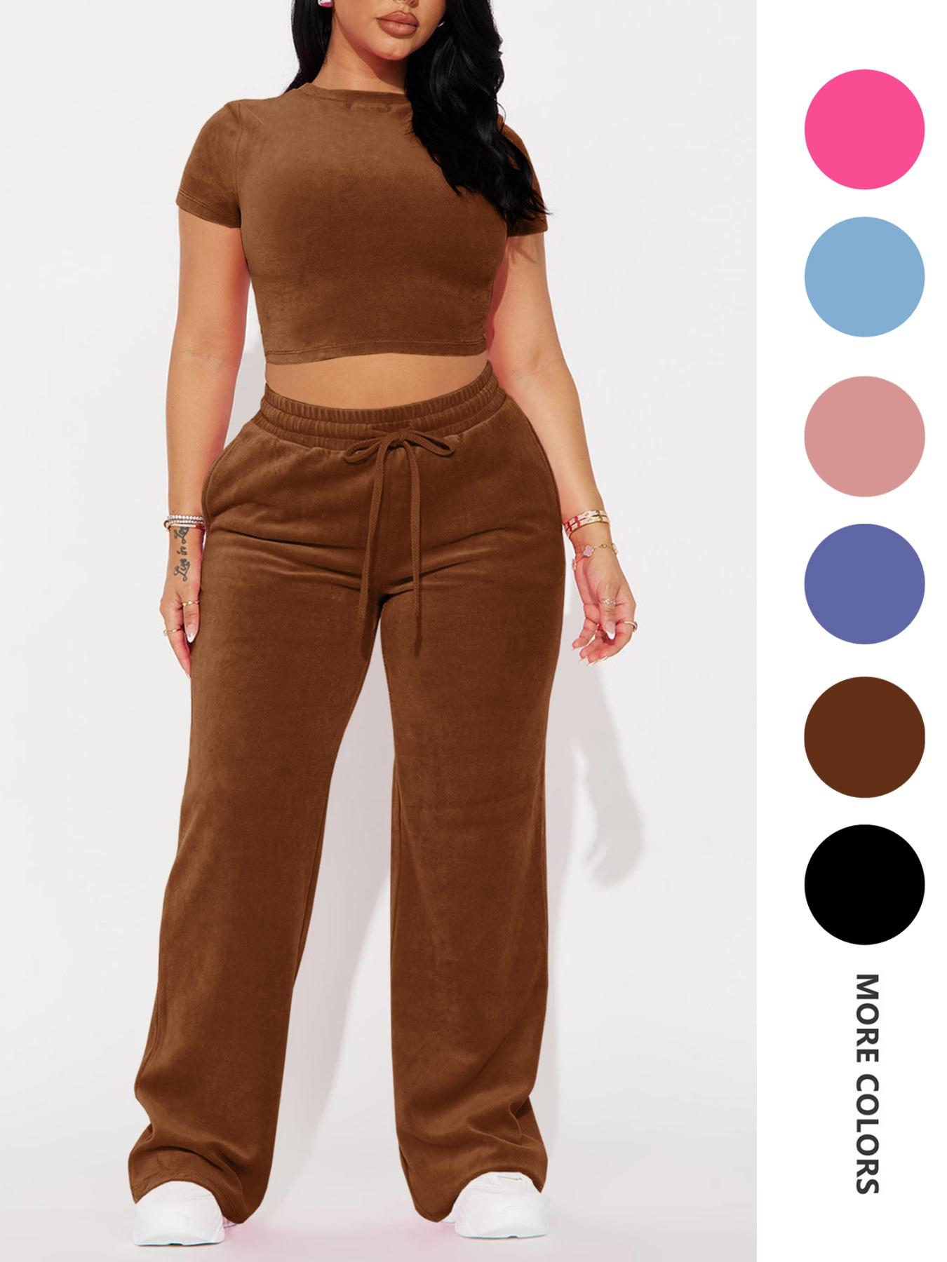 Two-piece Set Women's Solid Crop Tee & Drawstring Waist Pants Velvet Set, Casual Short Sleeve Round Neck T-shirt & Elastic Waist Trousers, Ladies Summer Clothes, Casual Matching Set Two-piece Set Women's Solid Crop Tee & Drawstring Waist Pants Velvet Set, Casual Short Sleeve Round Neck T-shirt & Elastic Waist Trousers, Ladies Summer Clothes, Casual Matching Set