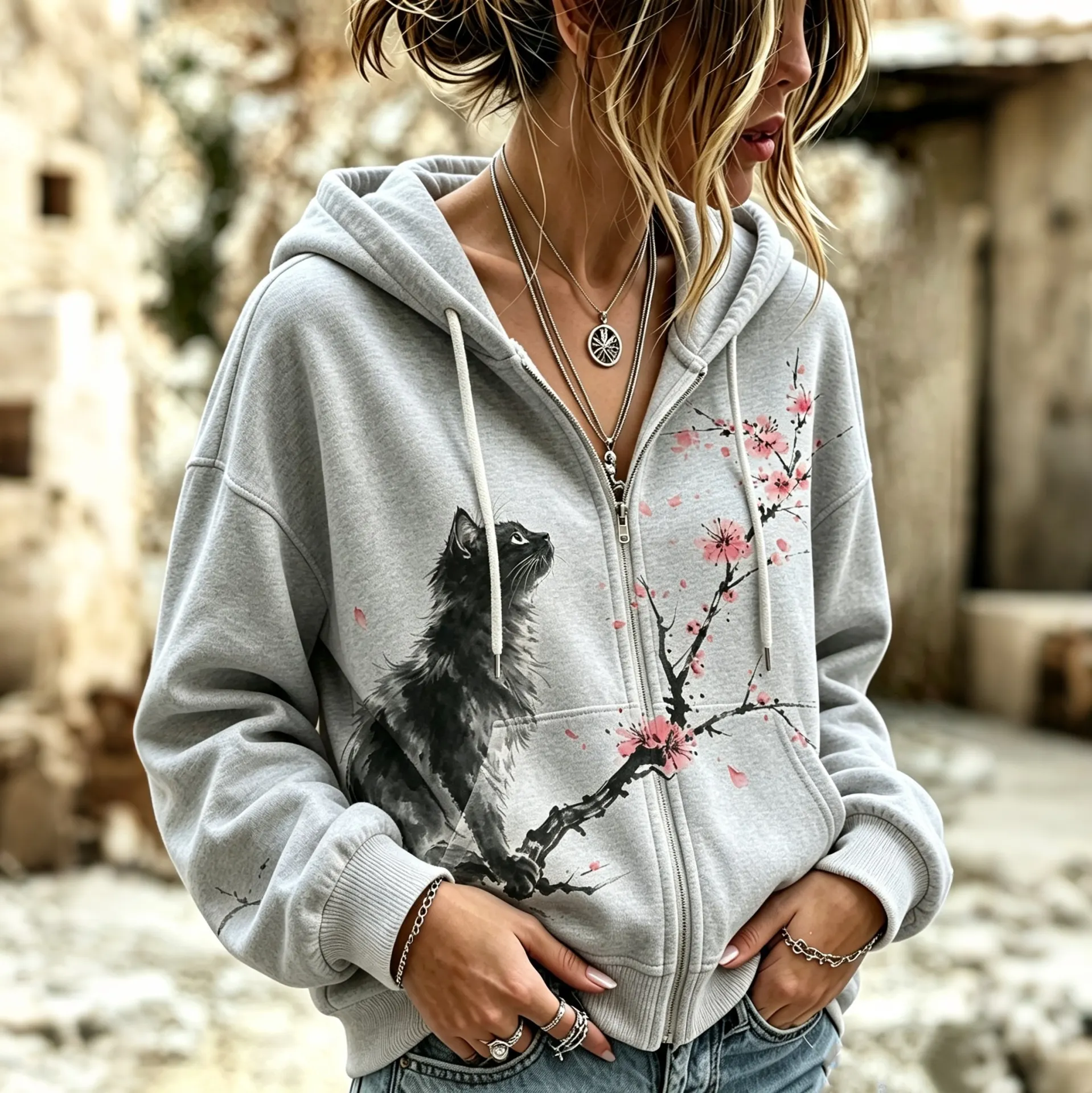 Comstylish Women's Retro Japanese Cherry Blossom And Cute Cat Art Pattern Comfortable Warm Zip-up Hoodie