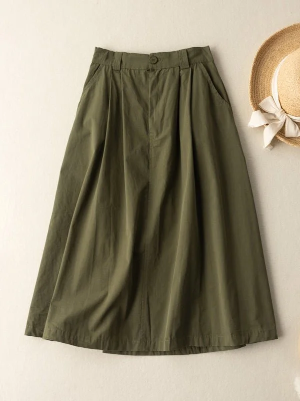 Loose Vintage Solid Pocket Linen Skirt