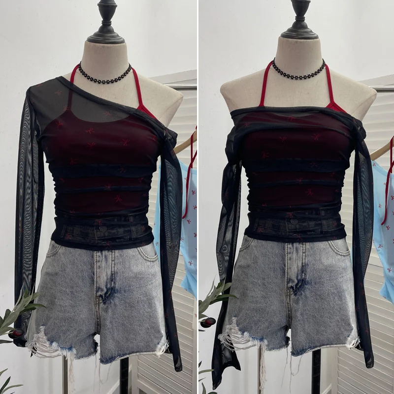 Uveng Fake Two Hanging Neck Sling Long-Sleeved T-Shirt Two Sets Of Thin Outer Sunshield Shirt Short Oblique Shoulder Coat 8861