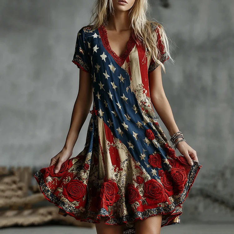 Women's Retro Independence Day Flag Roses Art V Neck Linen Midi Dress