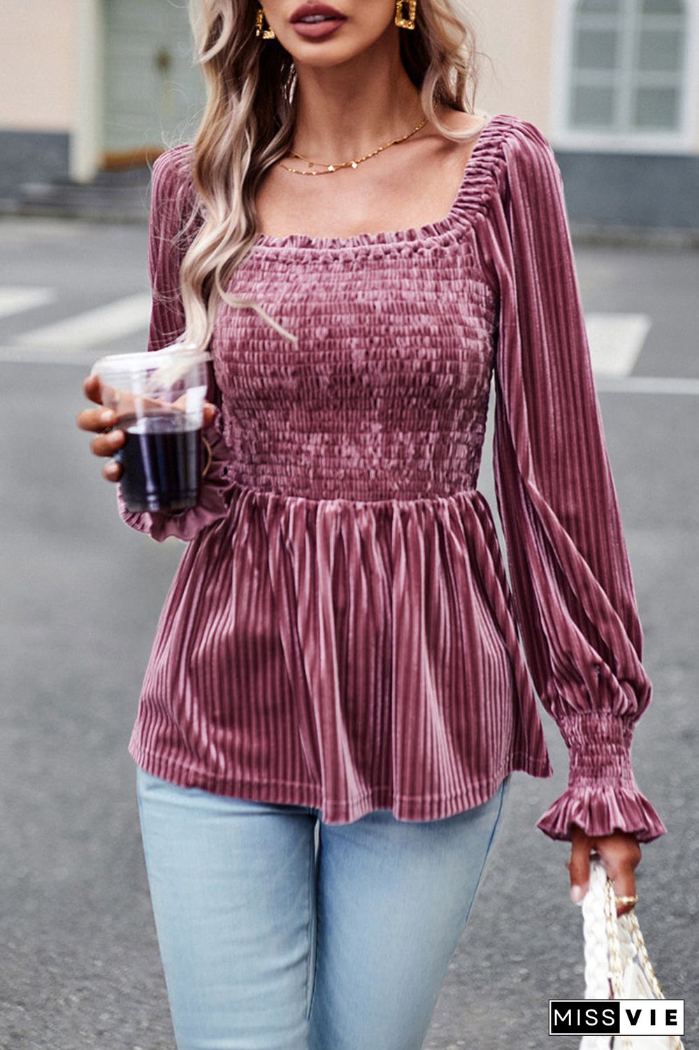 Elegant Solid Fold Square Collar Tops(4 Colors)