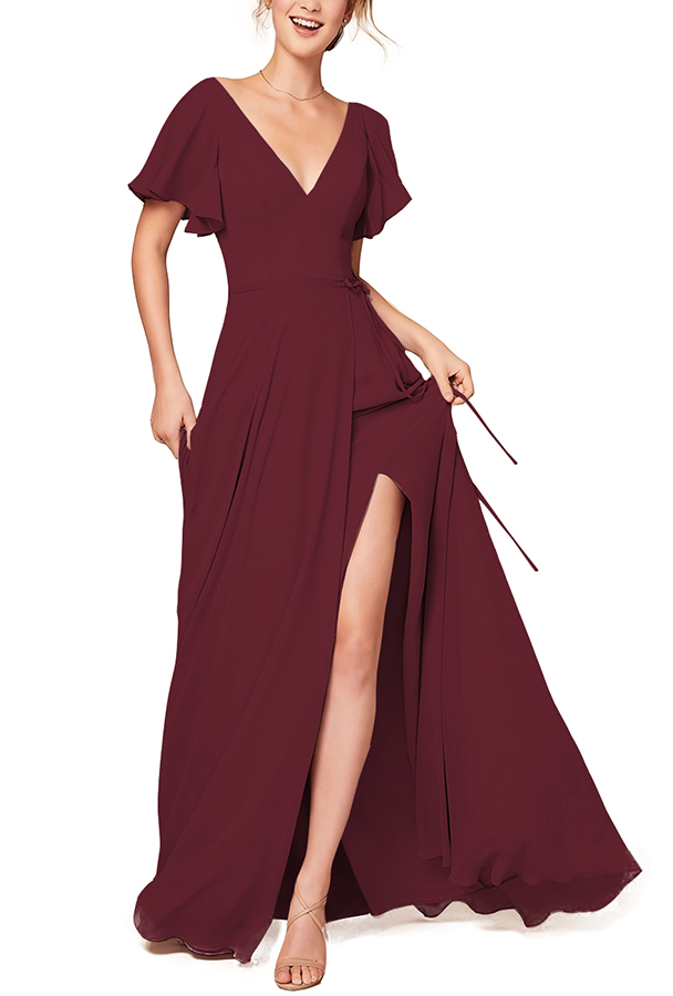 Short Sleeve Chiffon Slit Bridesmaid Dress