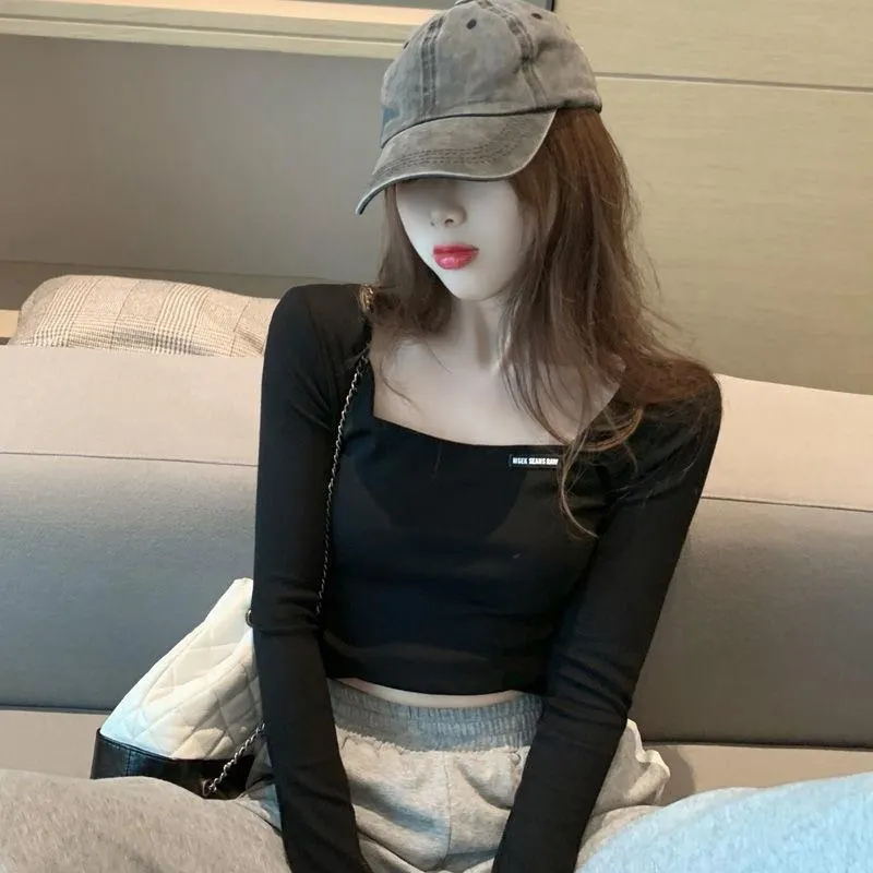 Brownm Brownm Square Collar Embroidered Long-Sleeved T-Shirt Women's Fall 2024 Versatile Slim Short Crop Bottom Shirt Slim Top