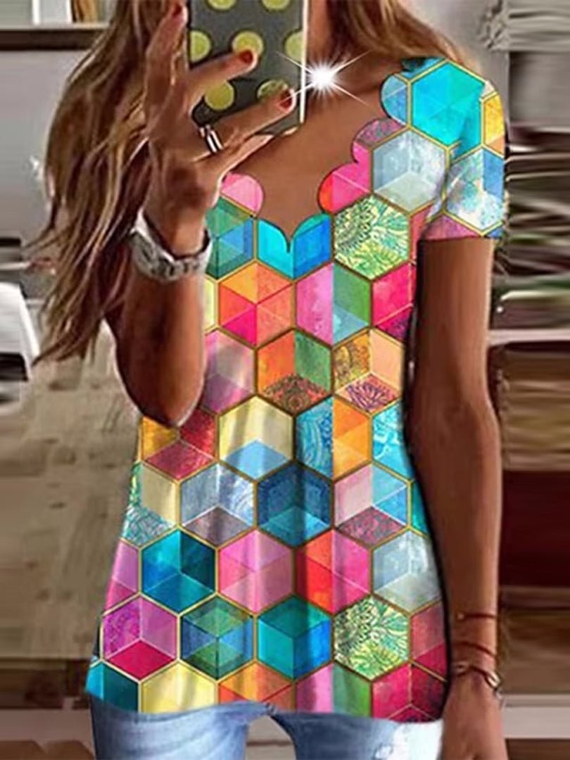 Women's Short Sleeve U-Neck Graphic Flower Printed Top