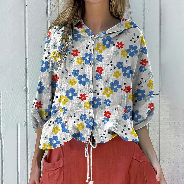 Retro Floral Pattern Printed Hooded Drawstring Linen Casual Blouse
