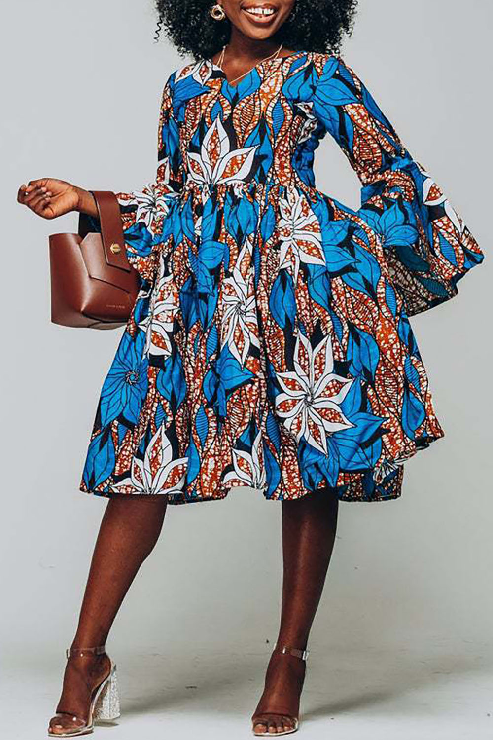Plus Size Semi Formal Midi Dress Blue All Over Ankara Print V Neck Flare 3/4 Sleeve Midi Dress