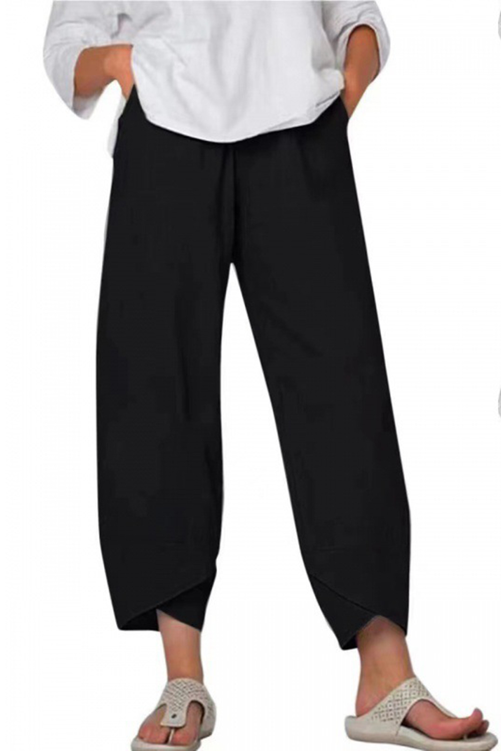 Plus Size Casual Black Cotton And Linen High Rise Crossover Hem Wide Leg Pants 2024 - Flycurvy 