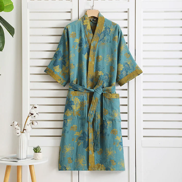 Floral Cotton Gauze Short Sleeve V-neck Robe Radinnoo.com