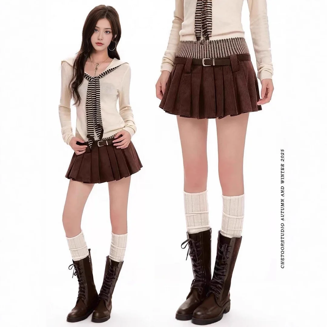 Nigikala Nigikala Girls Black Fake Two Spliced Half-Body Skirt High-Waisted Stripe Short Skirt Short Skirt 100-Fold Skirt