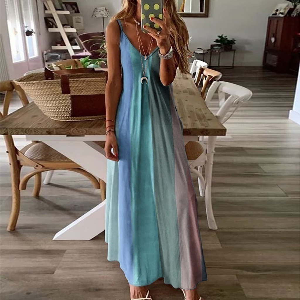 Plus Size Women's Dress Tie Dye Striped Printed V Neck Halter Dress Casual Sleeveless Beach Long Dress Sundresses