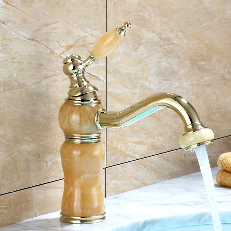Single Hole Teapot Bathroom Sink Faucet Marble in Polished Gold