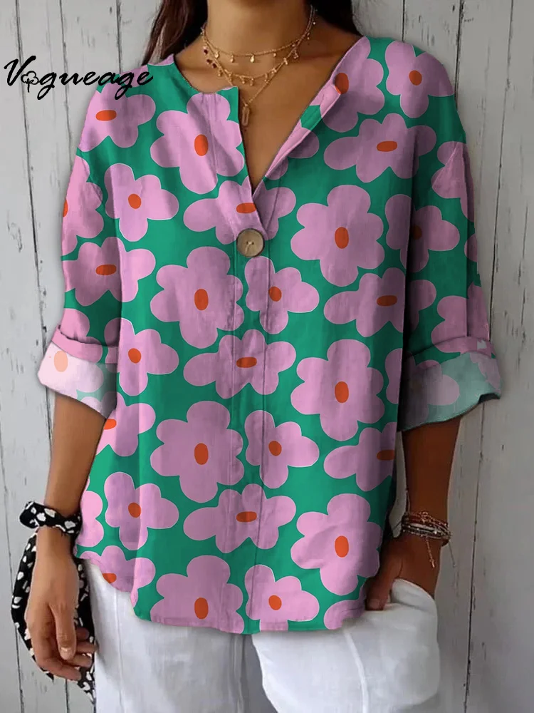 Fashionable Simple And Gentle Flowers Printed Cotton And Linen Shirt