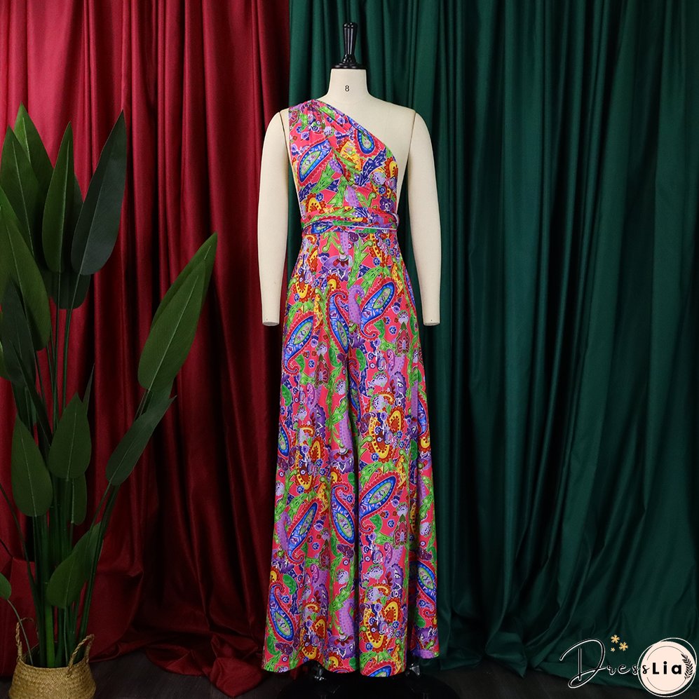 Plus Size Women African Print Halter Neck Beach Jumpsuit