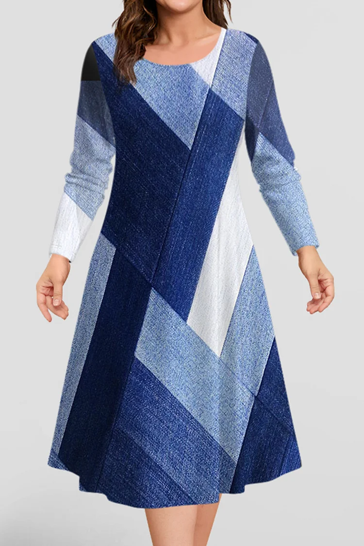Flycurvy Plus Size Casual Blue Colorblock Denim Print Patchwork Midi Dress