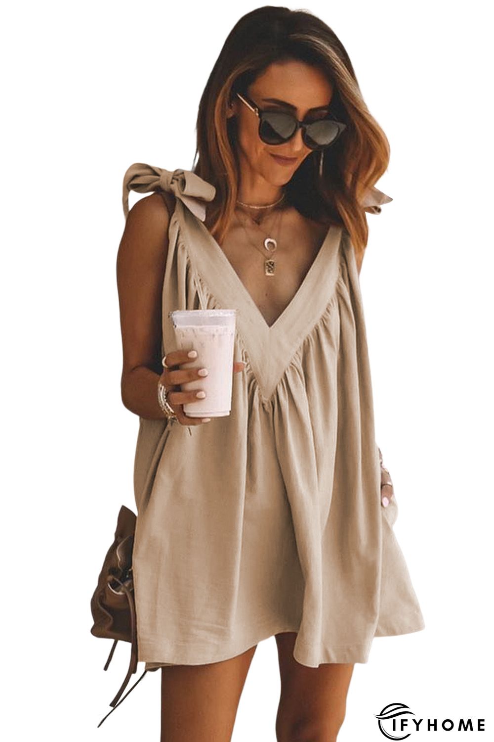 Apricot Deep V Neck Bow Knot Oversized Backless Mini Dress | IFYHOME