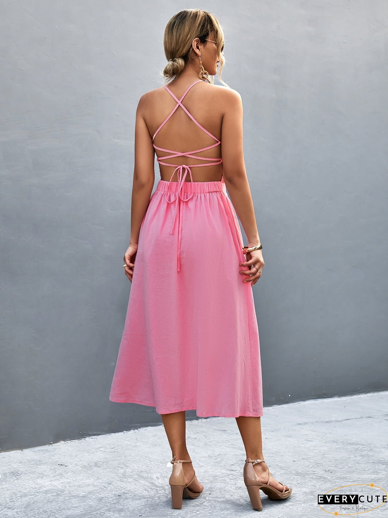 Buttoned Halter Neck Frill Trim Midi Dress