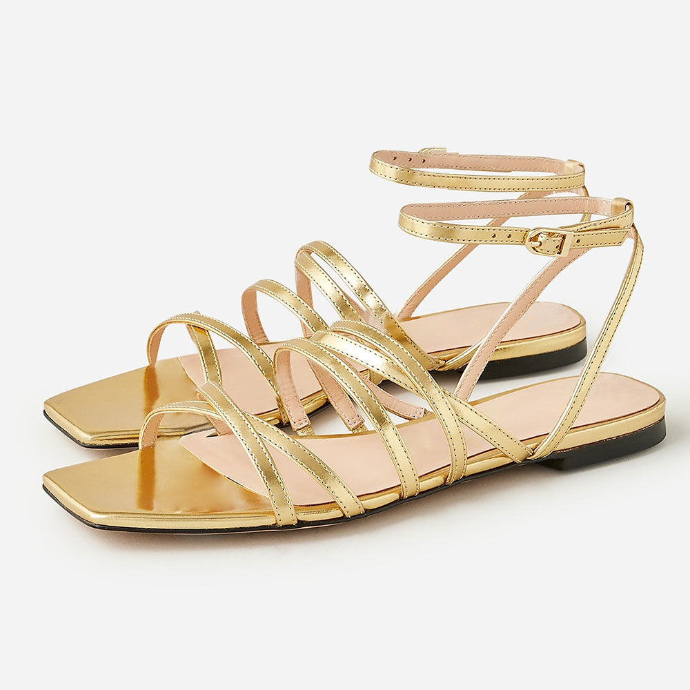 Gold Metallic Finish Open Square Toe Criss-Cross Summer Sandals Nicepairs