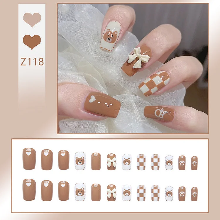 Brown Bear Checkerboard Wearable Nails Finished Manicure