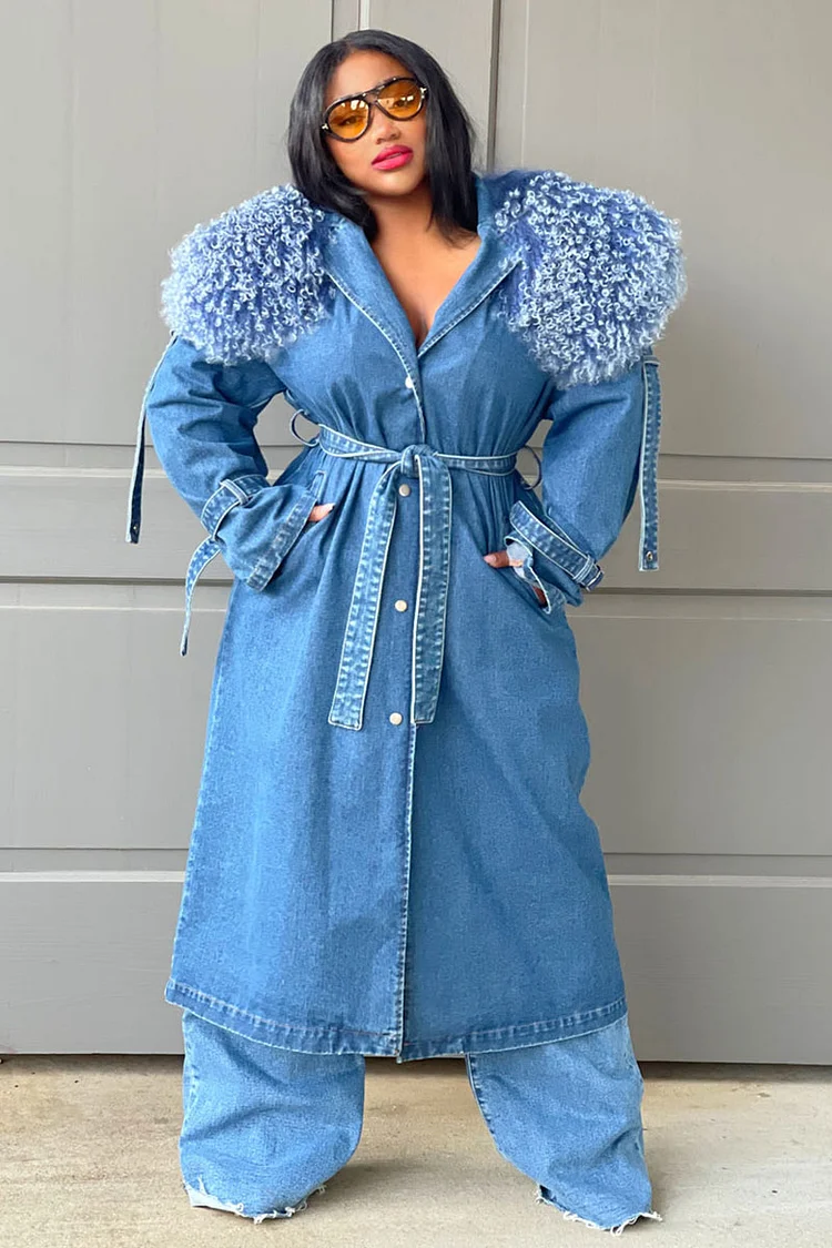 Fluffy Collar Button Tie Waist Denim Trench Coat