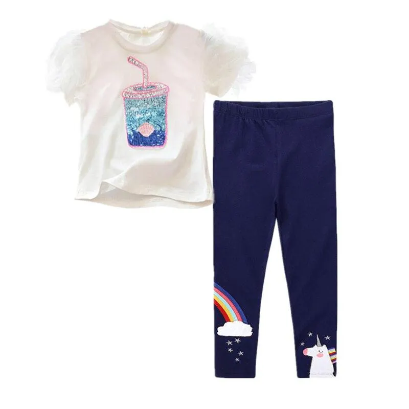 Two Pieces Kids Children Girls Clothes Set Little Girl Summer Cartoon Print T Shirt and Pants Leggings Outfits Clothing 2pcs