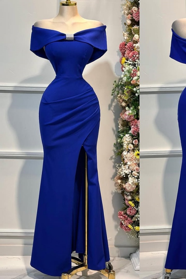 Off-The-Shoulder Chic Elegant Royal Blue Split Evening Dress | ZT0437