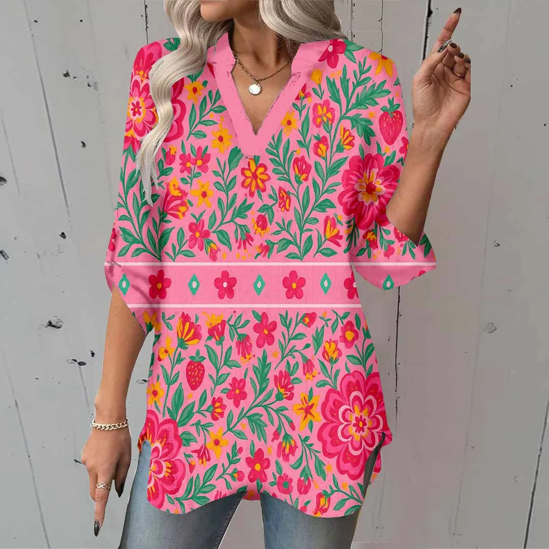 Women Floral, Rose, Gray DZGA0188 3/4 Sleeve V-neck Printed Graphic Button Tops