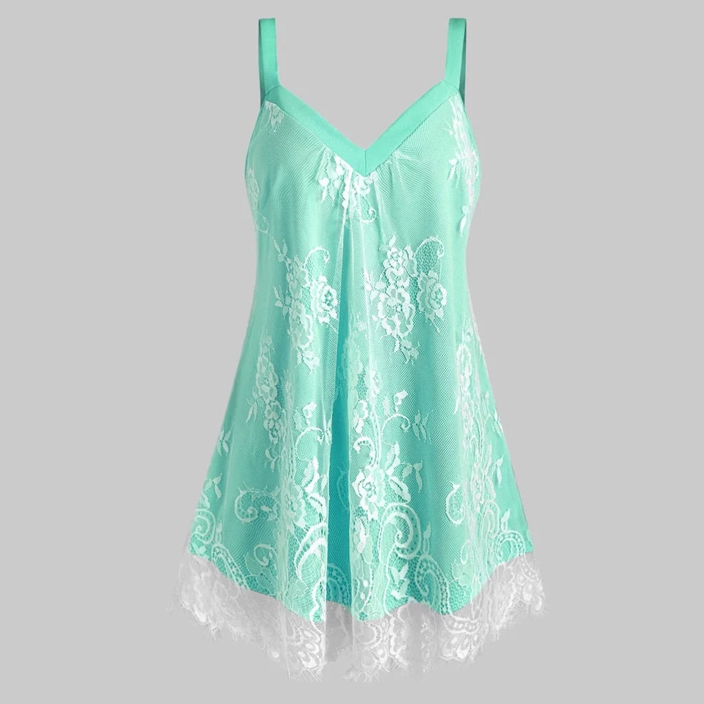 Plus Size Fashion Lace Mash Blouse Sexy Loose V-Neck Strap Tops Casual Summer Ladies Top Female Women Sleeveless Blusas Pullover