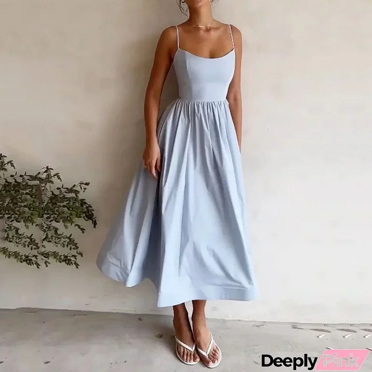 Summer Women Fashion Solid Color Sling Dress